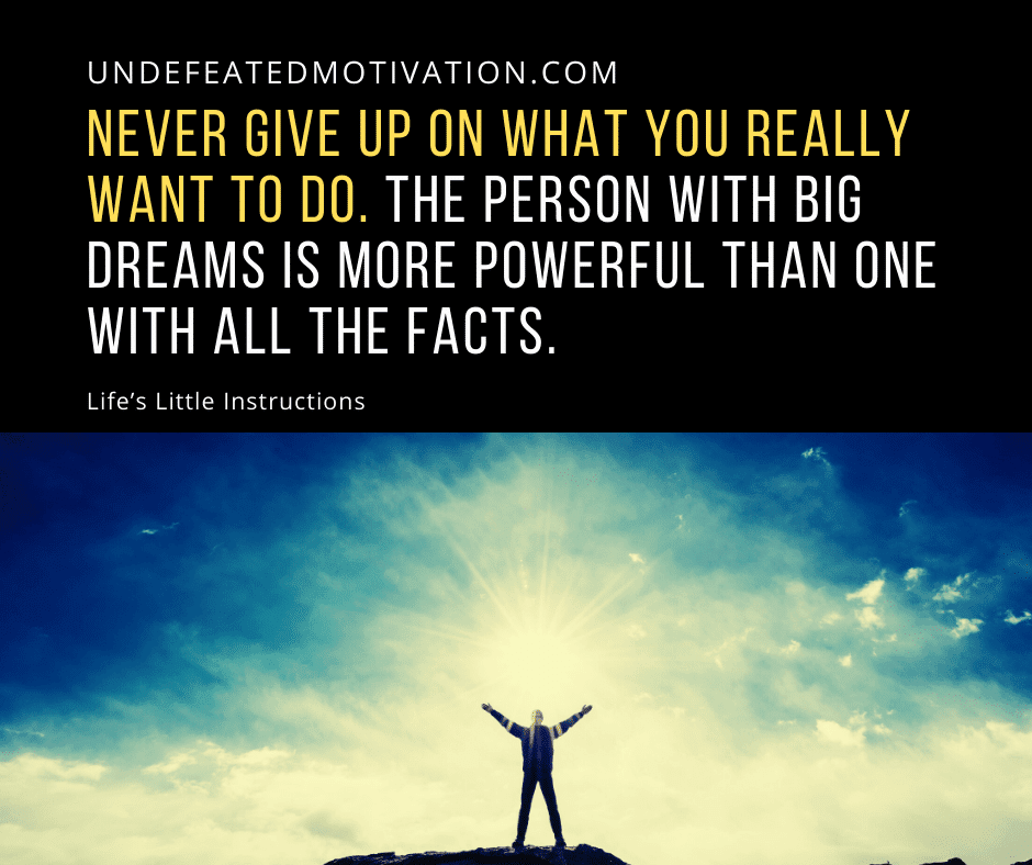 "Never give up on what you really want to do.  The person with big dreams is more powerful than one with all the facts."  -Life's Little Instructions  -Undefeated Motivation
