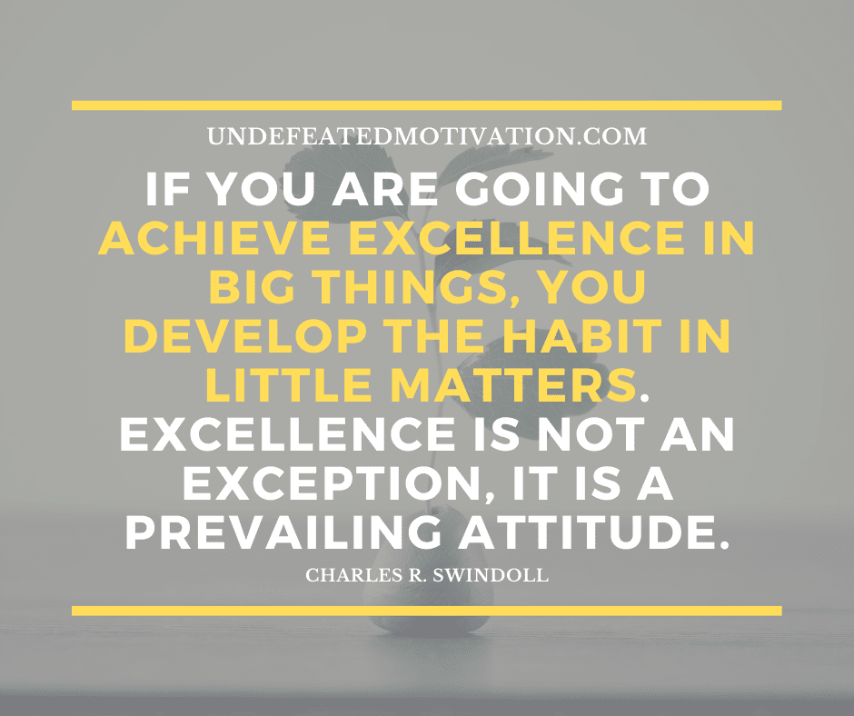 "If you are going to achieve excellence in big things, you develop the habit in little matters.  Excellence is not an exception, it is a prevailing attitude."  -Charles R. Swindoll  -Undefeated Motivation
