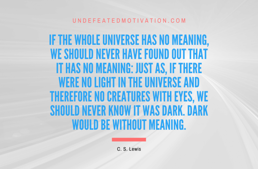 “If the whole universe has no meaning, we should never have found out that it has no meaning: just as, if there were no light in the universe and therefore no creatures with eyes, we should never know it was dark. Dark would be without meaning.” -C. S. Lewis