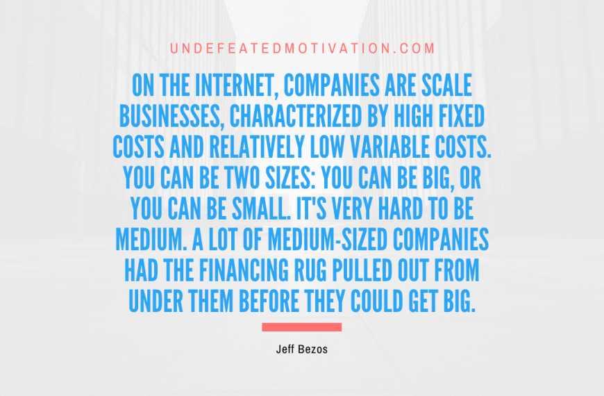 “On the Internet, companies are scale businesses, characterized by high fixed costs and relatively low variable costs. You can be two sizes: You can be big, or you can be small. It’s very hard to be medium. A lot of medium-sized companies had the financing rug pulled out from under them before they could get big.” -Jeff Bezos