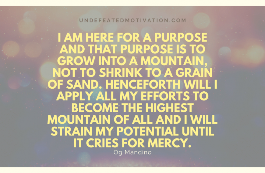 “I am here for a purpose and that purpose is to grow into a mountain, not to shrink to a grain of sand. Henceforth will I apply ALL my efforts to become the highest mountain of all and I will strain my potential until it cries for mercy.” -Og Mandino