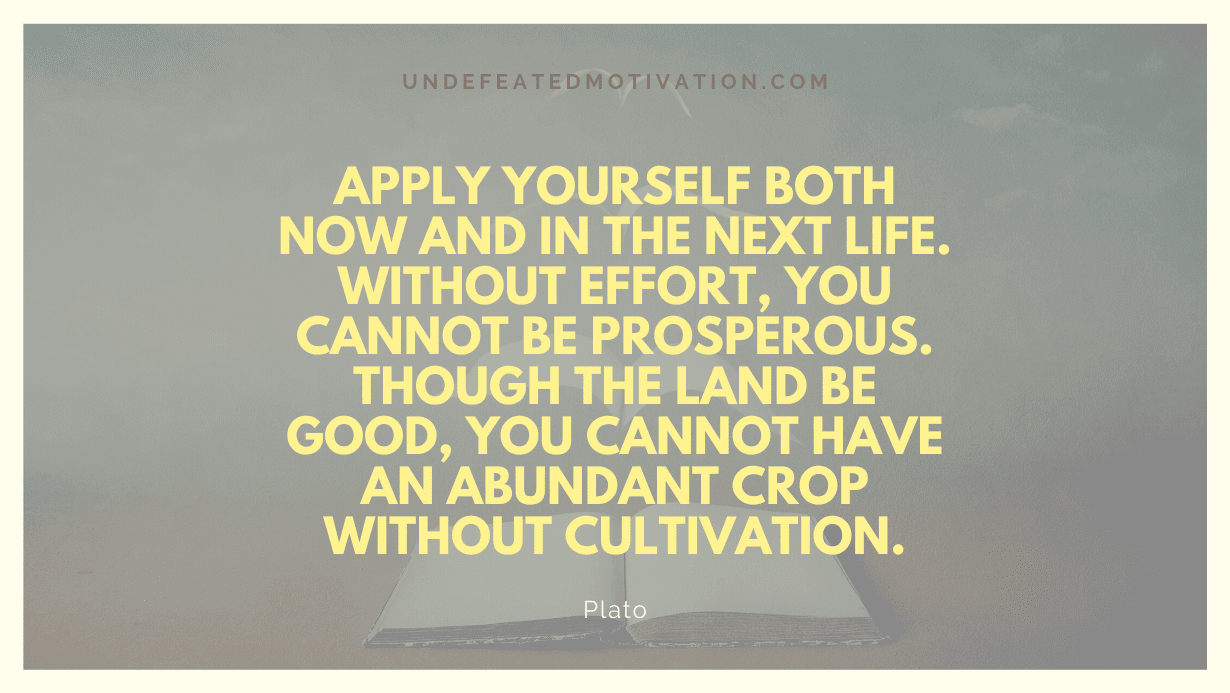 "Apply yourself both now and in the next life. Without effort, you cannot be prosperous. Though the land be good, You cannot have an abundant crop without cultivation." -Plato -Undefeated Motivation