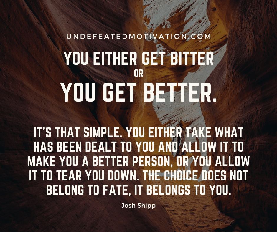 undefeated motivation post "You either get bitter or you get better. It's that simple. You either take what has been dealt to you and allow it to make you a better person, or you allow it to tear you down. The choice does not belong to fate, it belongs to you." -Josh Shipp