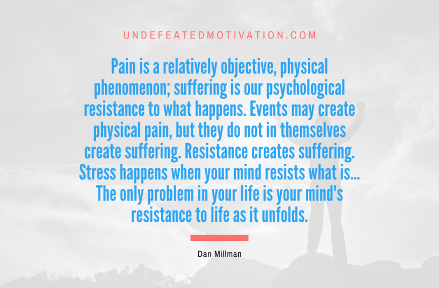“Pain is a relatively objective, physical phenomenon; suffering is our psychological resistance to what happens. Events may create physical pain, but they do not in themselves create suffering. Resistance creates suffering. Stress happens when your mind resists what is… The only problem in your life is your mind’s resistance to life as it unfolds.” -Dan Millman