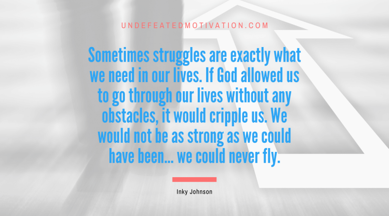 "Sometimes struggles are exactly what we need in our lives. If God allowed us to go through our lives without any obstacles, it would cripple us. We would not be as strong as we could have been... we could never fly." -Inky Johnson -Undefeated Motivation