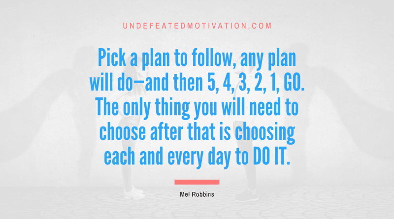 "Pick a plan to follow, any plan will do—and then 5, 4, 3, 2, 1, GO. The only thing you will need to choose after that is choosing each and every day to DO IT." -Mel Robbins -Undefeated Motivation