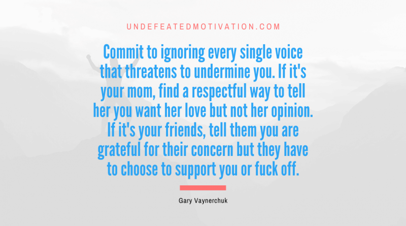 "Commit to ignoring every single voice that threatens to undermine you. If it's your mom, find a respectful way to tell her you want her love but not her opinion. If it's your friends, tell them you are grateful for their concern but they have to choose to support you or fuck off." -Gary Vaynerchuk -Undefeated Motivation